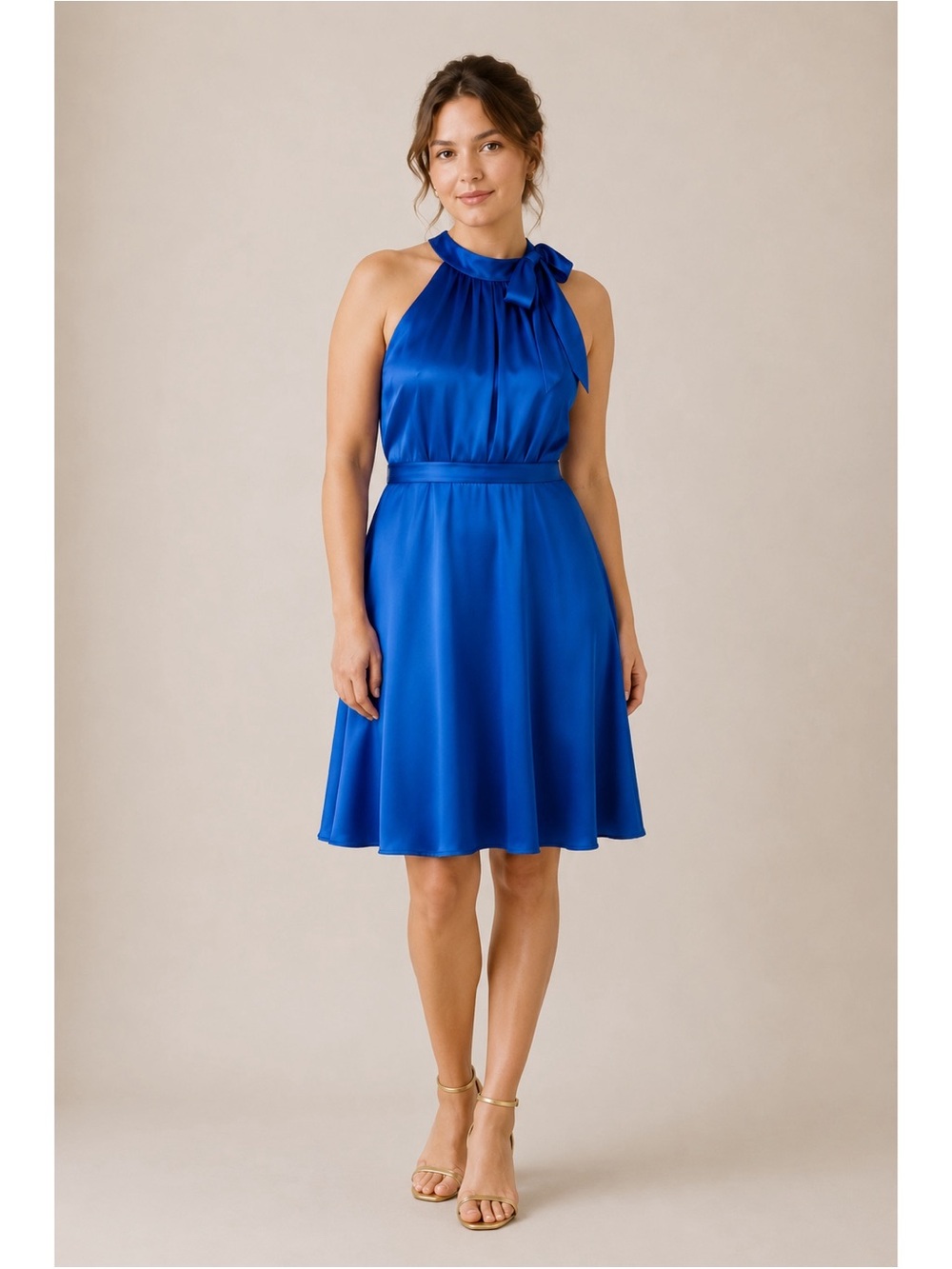 Melissa Sweet Woman Royal Blue Silk Halter Bow Pleated Dress US10 Party Evening